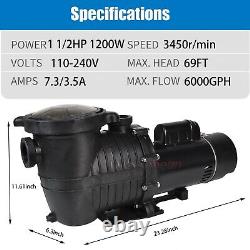 1 1/2HP Pool Pump Motor, Above/Inground, 110-240V, 6000GPH, 69FT Max, 1.5'' NPT, Wired