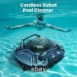 Nettoyeur de piscine robotisé sans fil avec aspirateur, stationnement automatique, double moteur et forte aspiration en bleu.