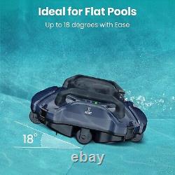 Nettoyeur de piscine robotisé sans fil avec aspirateur, stationnement automatique, double moteur et forte aspiration en bleu.