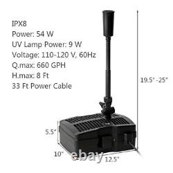 Pompe de filtre de bassin tout-en-un avec un débit de 660 GPH, stérilisateur et jet de fontaine